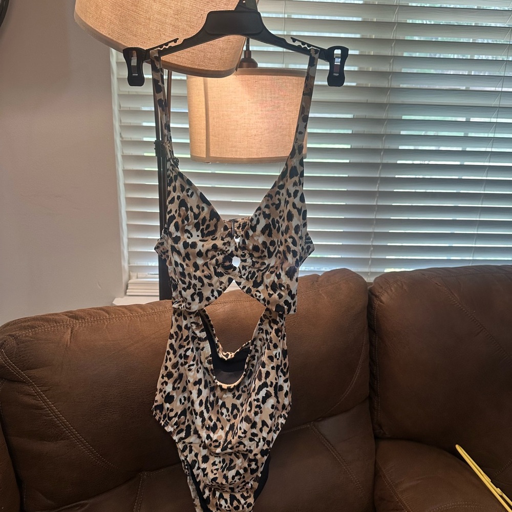 Time and Tru Leopard Print One-Piece Swimsuit in Black and Tan
